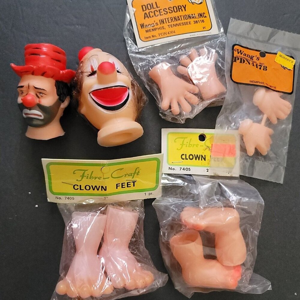 Vintage Halloween Plastic Clown Heads Faces Doll Face Hand Feet HOBO